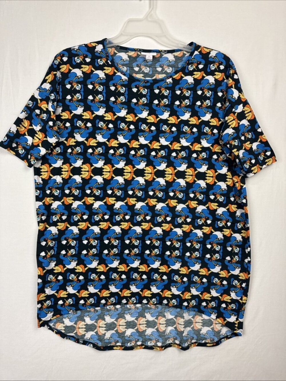 LuLaRoe Irma Donald Duck Short Sleeve Tunic Top Medium tee disney black blue